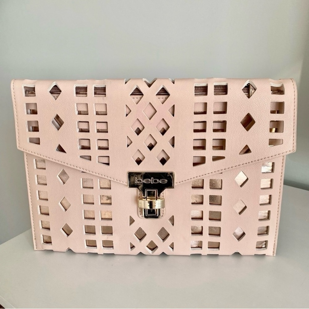 bebe Light Pink Laser-Cut Envelope Clutch with Metallic Accents
